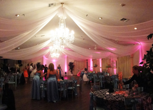 Ceiling treatments in white chiffon made-to-size for a wedding reception at beautiful Highland Manor in Apopka, FL. Photo and drapes by W Drapings.