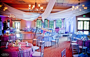 Chiffon draping by W Drapings for a wedding reception at Mystic Dunes Resort in Kissimmee, FL. Photo by Al Dee Productions.